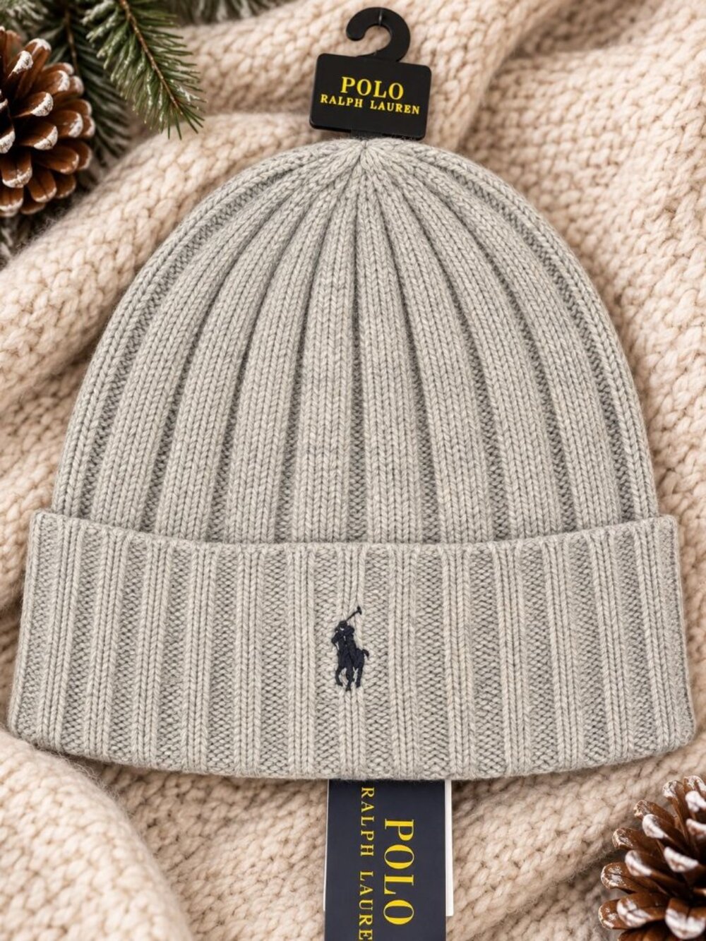 Polo Ralph Lauren Ribbed Knit Beanie Hat GRAY w Pony Logo Winter Cap NWT